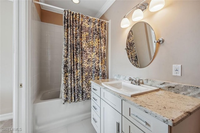 bathroom with tile patterned flooring, vanity, shower / tub combo with curtain, and crown molding