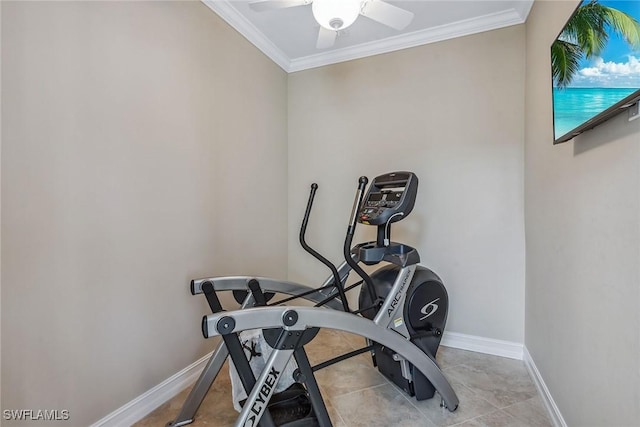 exercise room featuring ceiling fan and crown molding