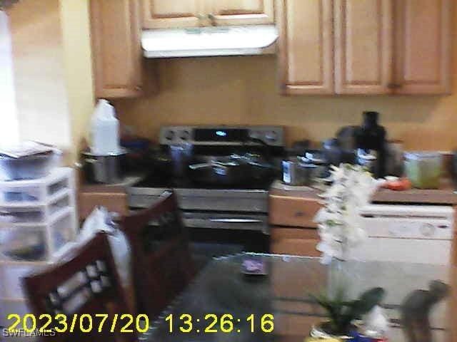 kitchen with light brown cabinetry, ventilation hood, and black range with electric stovetop