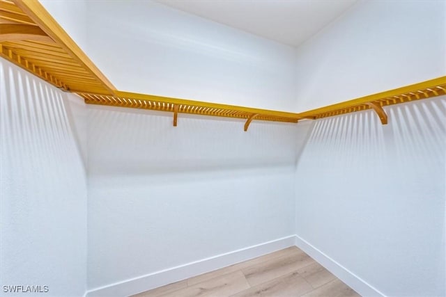 walk in closet with light hardwood / wood-style flooring