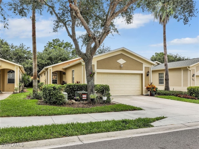 single story home with a garage and a front yard