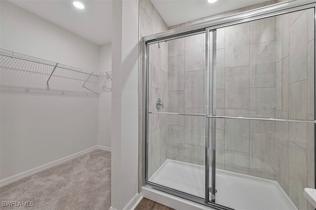 bathroom featuring a shower with shower door