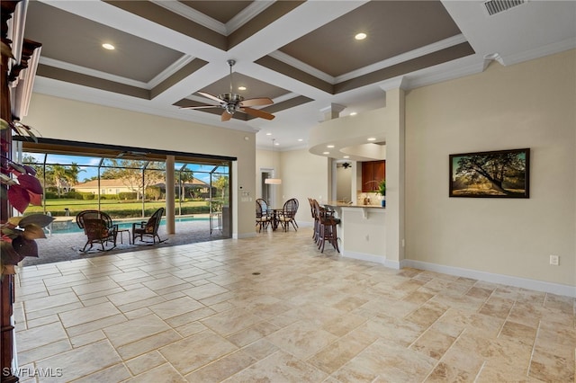 interior space featuring beam ceiling, ornamental molding, coffered ceiling, and ceiling fan