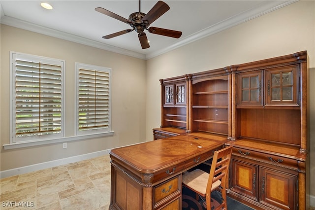 office space featuring crown molding and ceiling fan