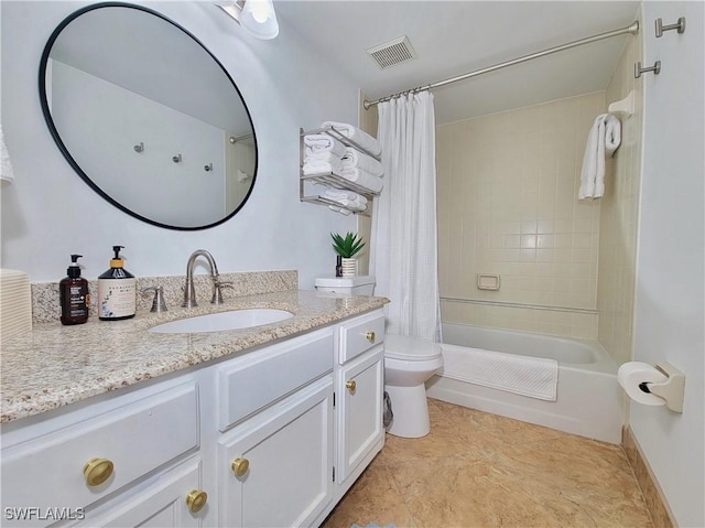 full bathroom with vanity, toilet, and shower / tub combo with curtain