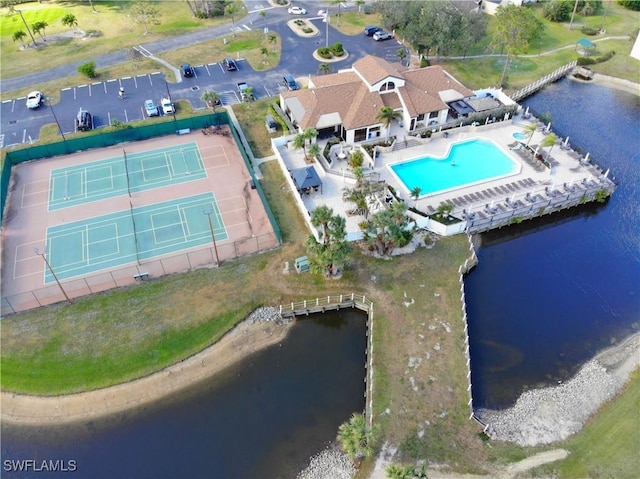 drone / aerial view with a water view