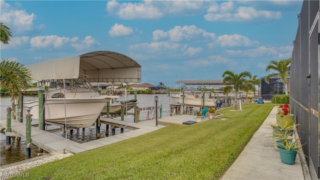 view of dock with a water view and a lawn