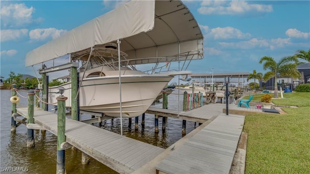 view of dock featuring a water view and a lawn