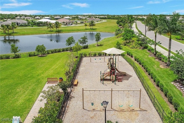 bird's eye view with a water view