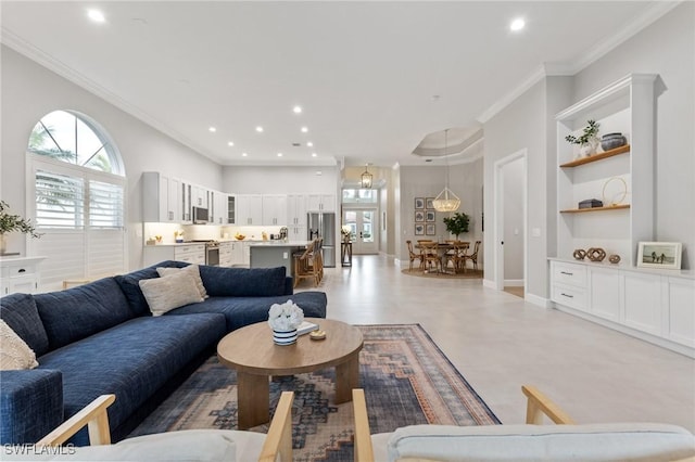 living room with crown molding