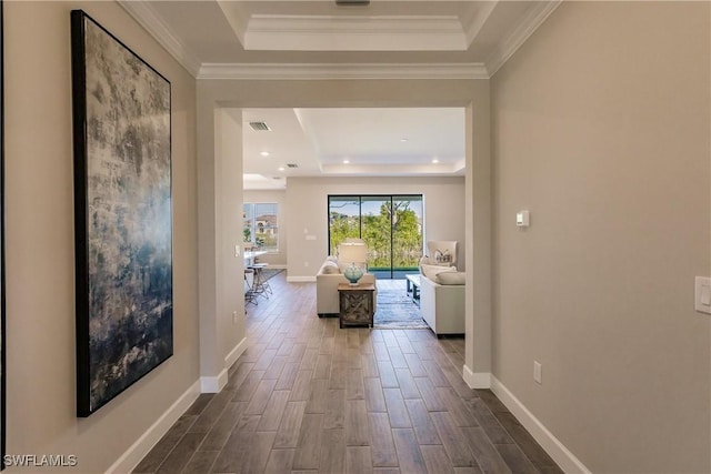 hallway with crown molding and a raised ceiling