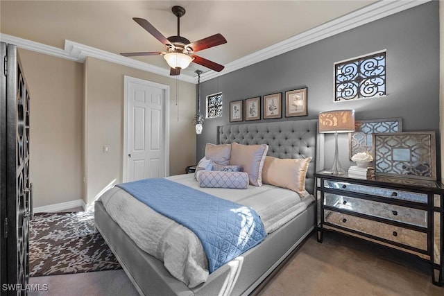 bedroom with ceiling fan, carpet floors, and ornamental molding