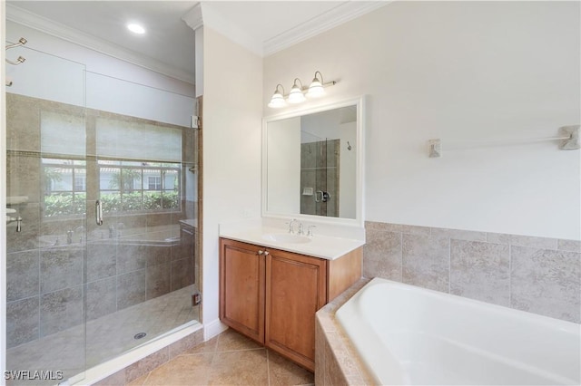 bathroom with tile patterned flooring, vanity, shower with separate bathtub, and ornamental molding