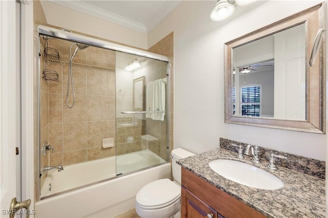 full bathroom with combined bath / shower with glass door, vanity, toilet, and ornamental molding