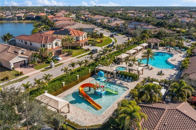 aerial view featuring a water view