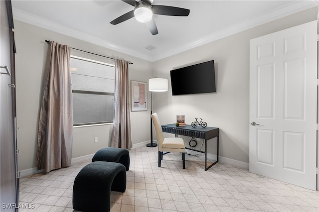 office space with ceiling fan and ornamental molding