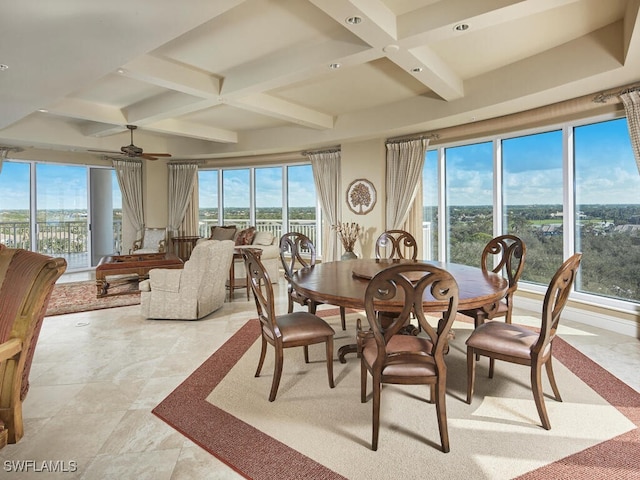 dining space featuring beam ceiling, ceiling fan, and a healthy amount of sunlight