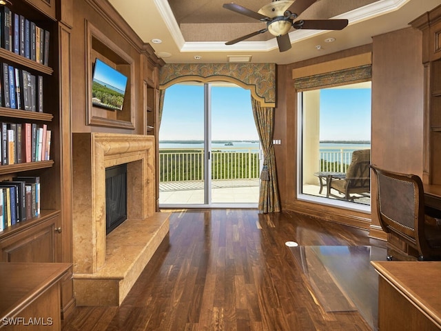 unfurnished living room featuring a raised ceiling, a premium fireplace, ornamental molding, a healthy amount of sunlight, and ceiling fan