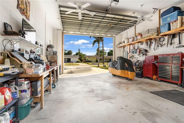 garage with a workshop area