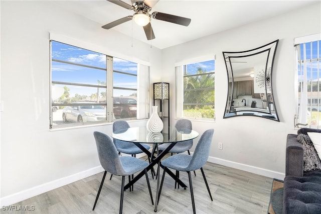 dining room with ceiling fan, a healthy amount of sunlight, and light hardwood / wood-style flooring