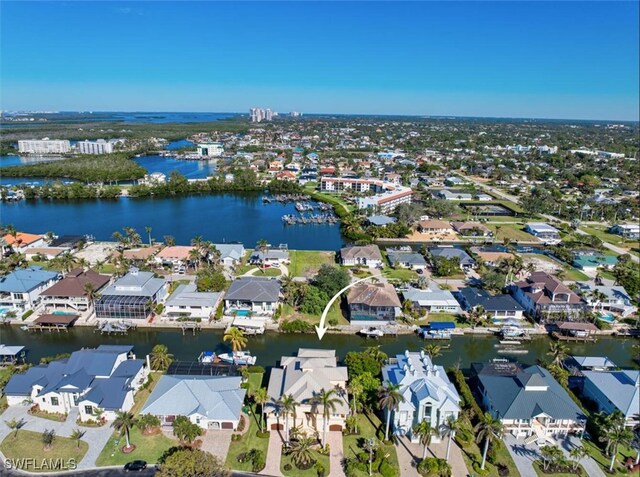 drone / aerial view featuring a water view