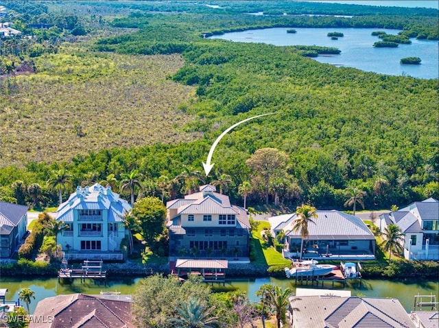 drone / aerial view featuring a water view