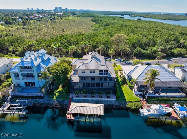 bird's eye view with a water view