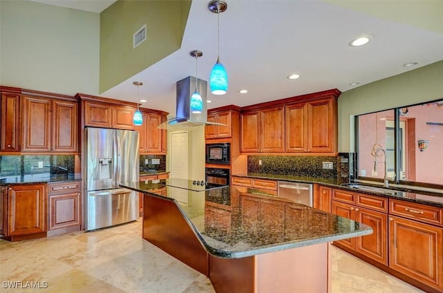 kitchen featuring a kitchen island, black appliances, a breakfast bar area, and island exhaust hood