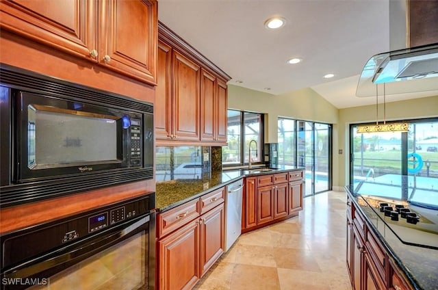 kitchen with vaulted ceiling, sink, dark stone countertops, backsplash, and black appliances