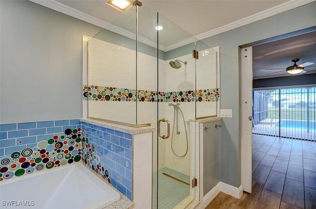 bathroom featuring ceiling fan, ornamental molding, independent shower and bath, and wood-type flooring