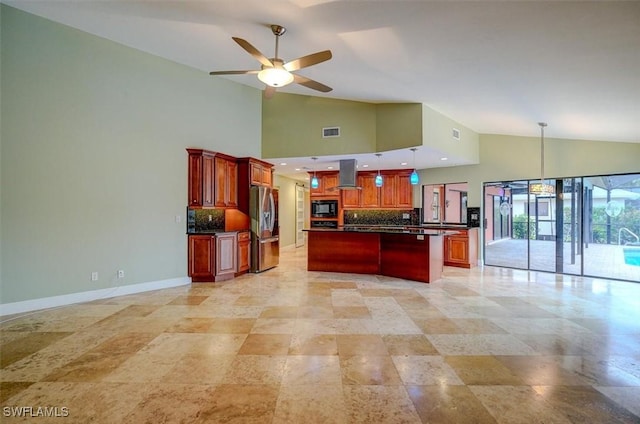 kitchen with stainless steel refrigerator with ice dispenser, exhaust hood, hanging light fixtures, black microwave, and backsplash