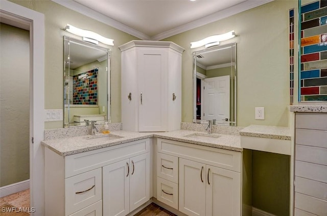 bathroom featuring crown molding, vanity, and wood-type flooring