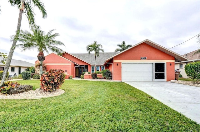 ranch-style house with a garage and a front lawn