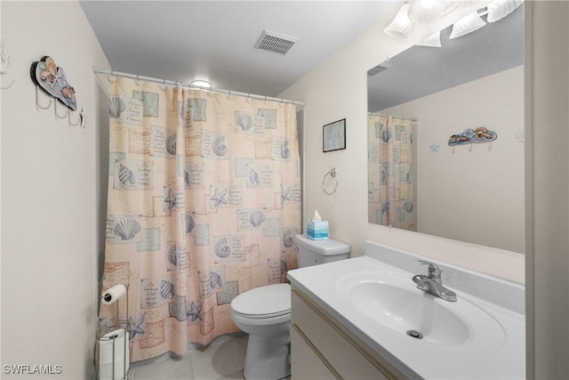 bathroom with tile patterned floors, vanity, toilet, and a shower with shower curtain