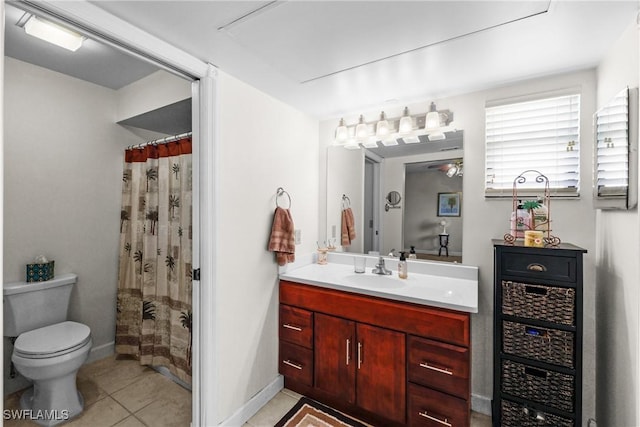 bathroom featuring tile patterned flooring, vanity, toilet, and walk in shower