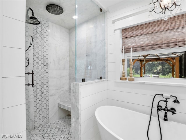 full bath with tiled shower and a freestanding tub