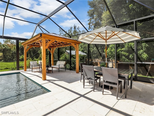 view of patio with outdoor dining space, glass enclosure, an outdoor pool, and a gazebo