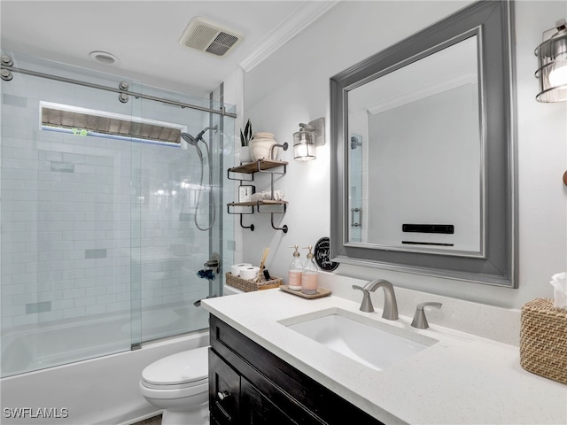 full bath with toilet, visible vents, combined bath / shower with glass door, and vanity