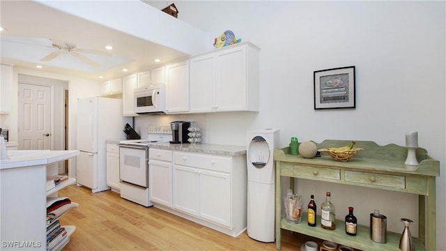 kitchen with ceiling fan, white cabinets, white appliances, and light wood-type flooring