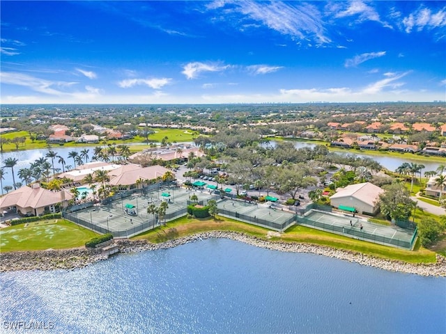 bird's eye view with a water view