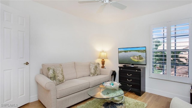 living room featuring ceiling fan and light hardwood / wood-style flooring