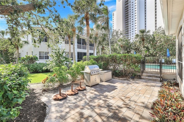 view of patio featuring area for grilling and a fenced in pool