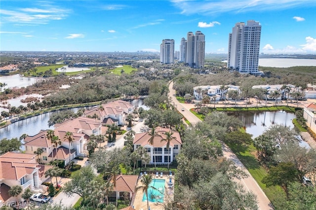 drone / aerial view with a water view