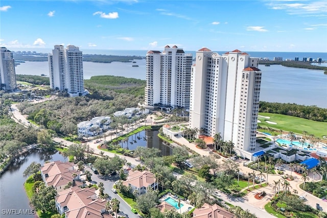 birds eye view of property featuring a water view