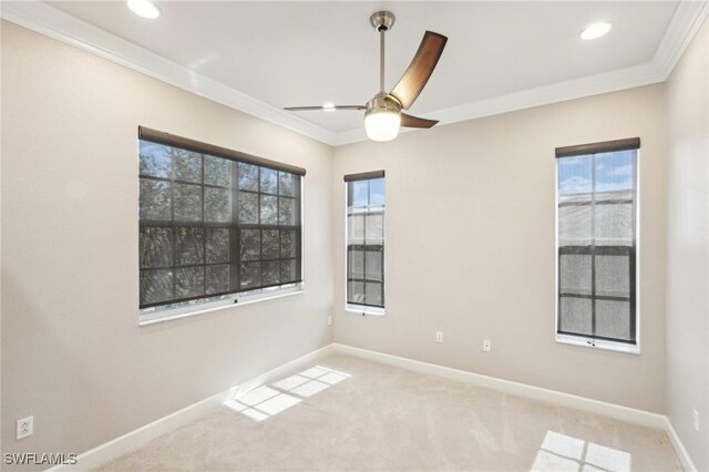 25970 Nesting Ct Unit 201, Bonita Springs, FL 34134 - empty room featuring crown molding, baseboards, carpet flooring, recessed lighting, and a ceiling fan