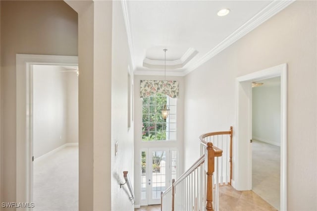 25970 Nesting Ct Unit 201, Bonita Springs, FL 34134 - hall with crown molding, an upstairs landing, carpet, french doors, and recessed lighting