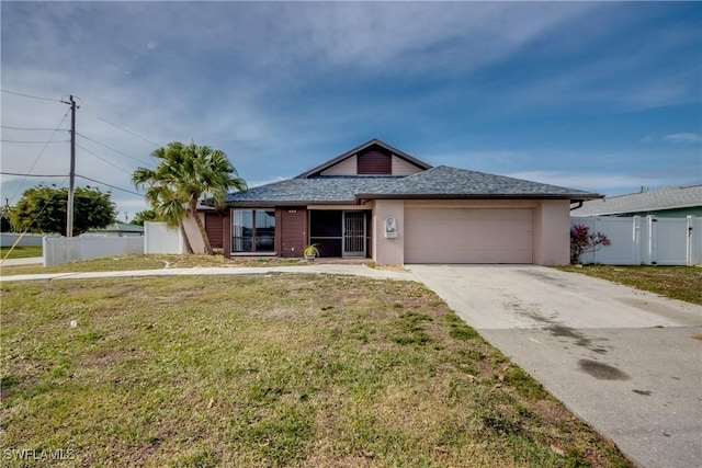 single story home with a front yard and a garage