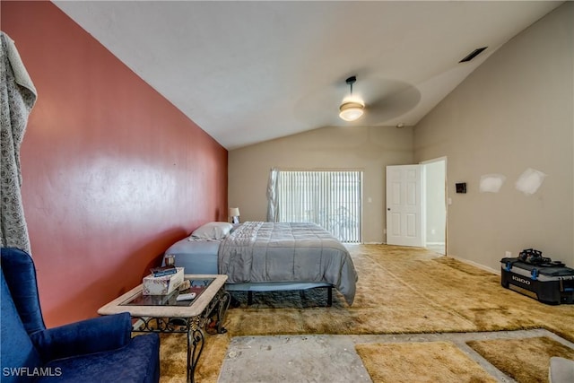 bedroom featuring ceiling fan and lofted ceiling