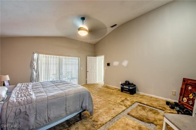 bedroom with ceiling fan, carpet, and lofted ceiling