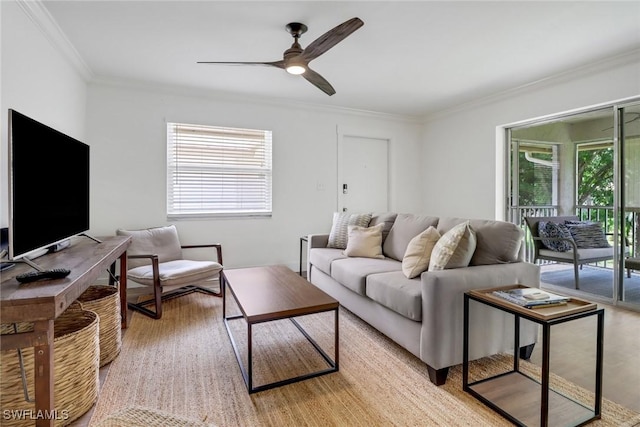 living room with crown molding, ceiling fan, a healthy amount of sunlight, and light wood-type flooring